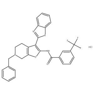 N-(3-(benzo[d]thiazol-2-yl)-6-benzyl-4,5,6,7-tetrahydrothieno[2,3-c]pyridin-2-yl)-3-(trifluoromethyl)benzamide hydrochloride结构式