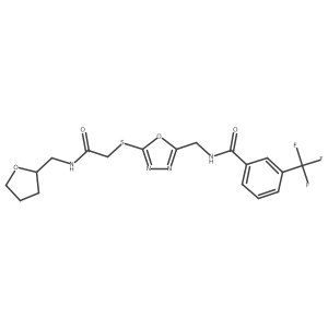 N-((5-((2-oxo-2-(((tetrahydrofuran-2-yl)methyl)amino)ethyl)thio)-1,3,4-oxadiazol-2-yl)methyl)-3-(trifluoromethyl)benzamide结构式