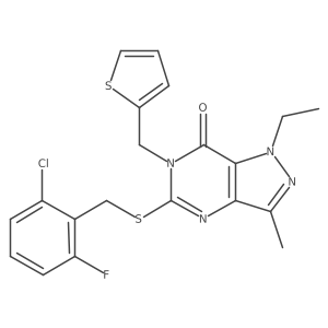 5-((2-chloro-6-fluorobenzyl)thio)-1-ethyl-3-methyl-6-(thiophen-2-ylmethyl)-1H-pyrazolo[4,3-d]pyrimidin-7(6H)-one结构式