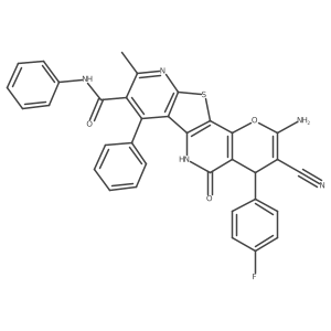 4-amino-5-cyano-6-(4-fluorophenyl)-14-methyl-8-oxo-N,12-diphenyl-3-oxa-17-thia-9,15-diazatetracyclo[8.7.0.02,7.011,16]heptadeca-1(10),2(7),4,11,13,15-hexaene-13-carboxamide结构式