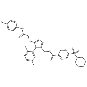N-((4-(2,5-dimethylphenyl)-5-((2-((4-fluorophenyl)amino)-2-oxoethyl)thio)-4H-1,2,4-triazol-3-yl)methyl)-4-(piperidin-1-ylsulfonyl)benzamide结构式