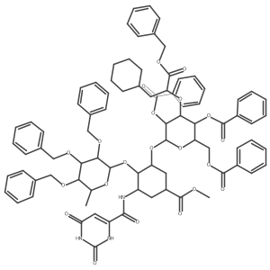 [(2R,3S,4S,5R,6R)-3,5-dibenzoyloxy-4-[(2S)-3-cyclohexyl-1-oxo-1-phenylmethoxypropan-2-yl]oxy-6-[(1R,2R,3S,5R)-3-[(2,4-dioxo-1H-pyrimidine-6-carbonyl)amino]-5-methoxycarbonyl-2-[(2S,3S,4R,5R,6S)-6-methyl-3,4,5-tris(phenylmethoxy)oxan-2-yl]oxycyclohexyl]oxyoxan-2-yl]methyl benzoate结构式