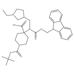1-[(tert-butoxy)carbonyl]-4-{[(1-ethylpyrrolidin-3-yl)methyl]({[(9H-fluoren-9-yl)methoxy]carbonyl})amino}piperidine-4-carboxylic acid结构式
