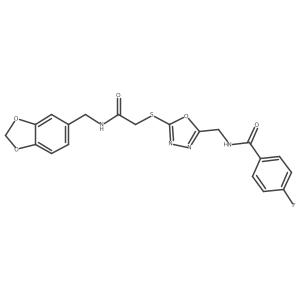N-((5-((2-((benzo[d][1,3]dioxol-5-ylmethyl)amino)-2-oxoethyl)thio)-1,3,4-oxadiazol-2-yl)methyl)-4-fluorobenzamide结构式