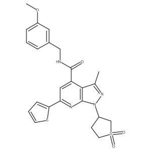 1-(1,1-dioxidotetrahydrothiophen-3-yl)-N-(3-methoxybenzyl)-3-methyl-6-(thiophen-2-yl)-1H-pyrazolo[3,4-b]pyridine-4-carboxamide结构式