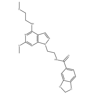 N-(2-(4-((2-methoxyethyl)amino)-6-(methylthio)-1H-pyrazolo[3,4-d]pyrimidin-1-yl)ethyl)benzo[d][1,3]dioxole-5-carboxamide结构式
