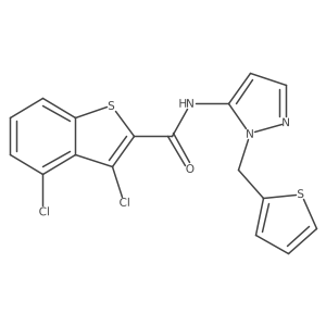 3,4-dichloro-N-[1-(thiophen-2-ylmethyl)-1H-pyrazol-5-yl]-1-benzothiophene-2-carboxamide结构式