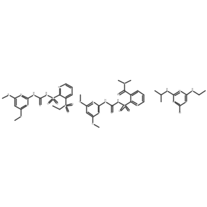 3-Pyridinecarboxamide, 2-[[[(Z)-[(4,6-dimethoxy-2-pyrimidinyl)imino]hydroxymethyl]amino]sulfonyl]-N,N-dimethyl-, mixt. with 6-chloro-N-ethyl-N'-(1-methylethyl)-1,3,5-triazine-2,4-diamine and N-[[(4,6-dimethoxy-2-pyrimidinyl)amino]carbonyl]-3-(ethylsulfonyl)-2-pyridinesulfonamide结构式