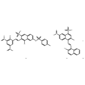 Chromate(3-), (4-hydroxy-3-((2-hydroxy-3,5-dinitrophenyl)azo)-6-(((4-methylphenyl)sulfonyl)amino)-2-naphthalenesulfonato(3-))(3-hydroxy-4-((2-hydroxy-1-naphthalenyl)azo)-7-nitro-1-naphthalenesulfonato(3-))-, trisodium结构式