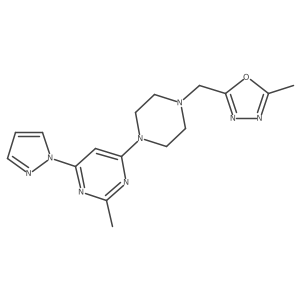 2-methyl-4-{4-[(5-methyl-1,3,4-oxadiazol-2-yl)methyl]piperazin-1-yl}-6-(1H-pyrazol-1-yl)pyrimidine结构式