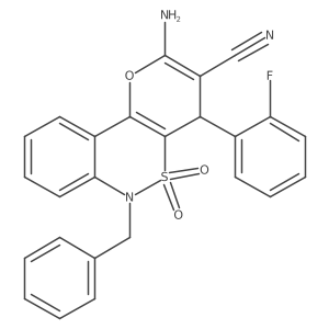 2-Amino-6-benzyl-4-(2-fluorophenyl)-4,6-dihydropyrano[3,2-c][2,1]benzothiazine-3-carbonitrile 5,5-dioxide Structure