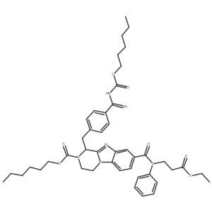 hexyl 8-[(3-ethoxy-3-oxopropyl)-phenylcarbamoyl]-1-[[4-(N-hexoxycarbonylcarbamimidoyl)phenyl]methyl]-3,4-dihydro-1H-pyrazino[1,2-a]benzimidazole-2-carboxylate Structure