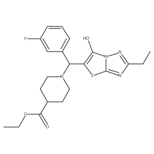 Ethyl 1-((2-ethyl-6-hydroxythiazolo[3,2-b][1,2,4]triazol-5-yl)(3-fluorophenyl)methyl)piperidine-4-carboxylate结构式
