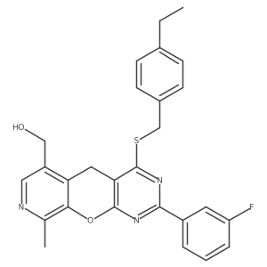 (4-((4-ethylbenzyl)thio)-2-(3-fluorophenyl)-9-methyl-5H-pyrido[4',3':5,6]pyrano[2,3-d]pyrimidin-6-yl)methanol结构式