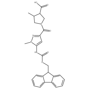 rac-(3R,4R)-1-[5-({[(9H-fluoren-9-yl)methoxy]carbonyl}amino)-1-methyl-1H-pyrazole-3-carbonyl]-4-methylpyrrolidine-3-carboxylic acid结构式