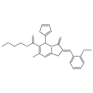 2-Methoxyethyl 2-(2-methoxybenzylidene)-7-methyl-3-oxo-5-(thiophen-2-yl)-3,5-dihydro-2H-thiazolo[3,2-a]pyrimidine-6-carboxylate结构式