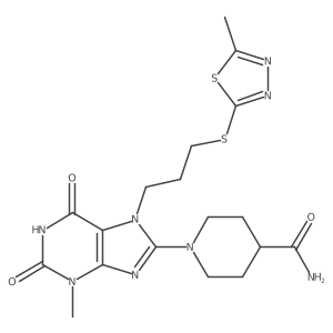 1-(3-methyl-7-(3-((5-methyl-1,3,4-thiadiazol-2-yl)thio)propyl)-2,6-dioxo-2,3,6,7-tetrahydro-1H-purin-8-yl)piperidine-4-carboxamide结构式