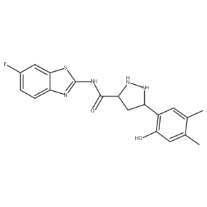 N-(6-fluoro-1,3-benzothiazol-2-yl)-5-(2-hydroxy-4,5-dimethylphenyl)pyrazolidine-3-carboxamide结构式