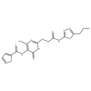 N-(4-amino-2-((2-((5-(ethylthio)-1,3,4-thiadiazol-2-yl)amino)-2-oxoethyl)thio)-6-oxo-1,6-dihydropyrimidin-5-yl)thiophene-2-carboxamide结构式