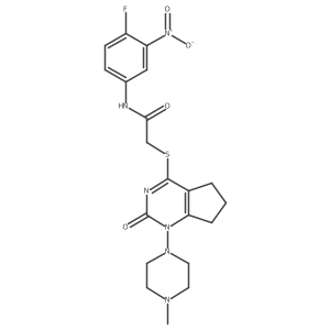 N-(4-fluoro-3-nitrophenyl)-2-((1-(4-methylpiperazin-1-yl)-2-oxo-2,5,6,7-tetrahydro-1H-cyclopenta[d]pyrimidin-4-yl)thio)acetamide结构式