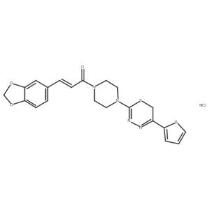 (E)-3-(benzo[d][1,3]dioxol-5-yl)-1-(4-(5-(thiophen-2-yl)-6H-1,3,4-thiadiazin-2-yl)piperazin-1-yl)prop-2-en-1-one hydrochloride结构式