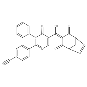 4-(5-(2-Hydroxy-4-oxobicyclo[3.2.1]octa-2,6-diene-3-carbonyl)-6-oxo-1-phenyl-1,6-dihydropyrimidin-2-yl)benzonitrile Structure
