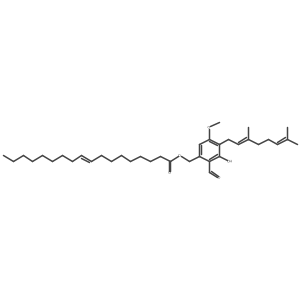 9-Octadecenoic acid (9Z)-, [4-[(2Z)-3,7-dimethyl-2,6-octadienyl]-2-formyl-3-hydroxy-5-methoxyphenyl]methyl ester结构式