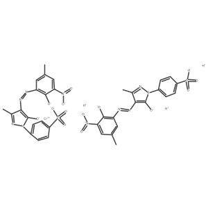 Cc1cc(N=Nc2c(C)nn(-c3ccc(S(=O)(=O)[O-])cc3)c2[O-])c([O-])c([N+](=O)[O-])c1.Cc1cc(N=Nc2c(C)nn(-c3ccc(S(=O)(=O)[O-])cc3)c2[O-])c([O-])c([N+](=O)[O-])c1.[Cr+3].[H+].[H+].[H+]结构式