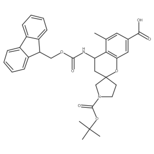 1'-[(tert-butoxy)carbonyl]-4-({[(9H-fluoren-9-yl)methoxy]carbonyl}amino)-5-methyl-3,4-dihydrospiro[1-benzopyran-2,3'-pyrrolidine]-7-carboxylic acid结构式