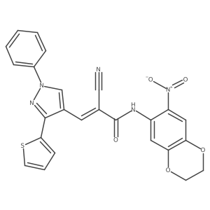 2-cyano-N-(7-nitro-2,3-dihydro-1,4-benzodioxin-6-yl)-3-[1-phenyl-3-(thiophen-2-yl)-1H-pyrazol-4-yl]prop-2-enamide Structure