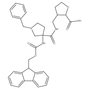 rac-(2R,3R)-3-({[1-benzyl-3-({[(9H-fluoren-9-yl)methoxy]carbonyl}amino)pyrrolidin-3-yl]formamido}methyl)oxolane-2-carboxylic acid结构式