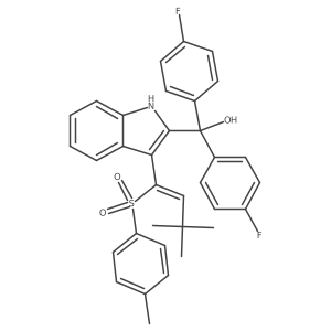 (E)-(3-(3,3-Dimethyl-1-tosylbut-1-en-1-yl)-1H-indol-2-yl)bis(4-fluorophenyl)methanol Structure