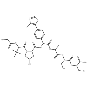 (2S,4R)-N-[(1R)-2-[[(1R)-2-[[(1R)-1-(aminomethyl)-2-[[(1S)-2-amino-2-oxo-1-(sulfanylmethyl)ethyl]amino]-2-oxo-ethyl]amino]-1-methyl-2-oxo-ethyl]amino]-1-[4-(4-methylthiazol-5-yl)phenyl]-2-oxo-ethyl]-1-[(2S)-2-[(2-chloroacetyl)amino]-3,3-dimethyl-butanoyl]-4-hydroxy-pyrrolidine-2-carboxamide结构式