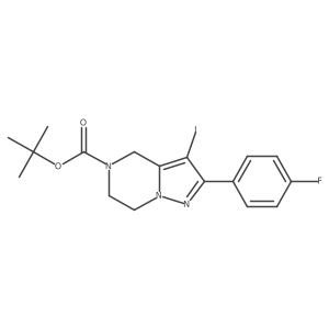 Pyrazolo[1,5-a]pyrazine-5(4H)-carboxylic acid, 2-(4-fluorophenyl)-6,7-dihydro-3-iodo-, 1,1-dimethylethyl ester结构式