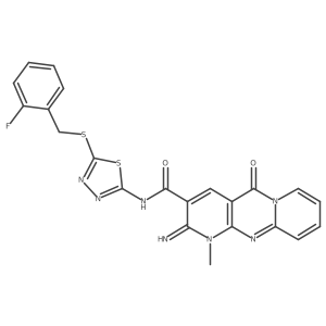 N-{5-[(2-fluorobenzyl)sulfanyl]-1,3,4-thiadiazol-2-yl}-2-imino-1-methyl-5-oxo-1,5-dihydro-2H-dipyrido[1,2-a:2',3'-d]pyrimidine-3-carboxamide结构式