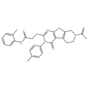 2-{[11-acetyl-4-(4-methylphenyl)-3-oxo-8-thia-4,6,11-triazatricyclo[7.4.0.0^{2,7}]trideca-1(9),2(7),5-trien-5-yl]sulfanyl}-N-(2-fluorophenyl)acetamide Structure