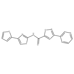 N-(4-(furan-2-yl)thiazol-2-yl)-3-(pyrazin-2-yl)-1,2,4-oxadiazole-5-carboxamide结构式
