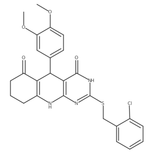 2-((2-chlorobenzyl)thio)-5-(3,4-dimethoxyphenyl)-7,8,9,10-tetrahydropyrimido[4,5-b]quinoline-4,6(3H,5H)-dione结构式