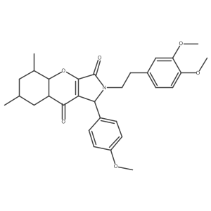 2-[2-(3,4-dimethoxyphenyl)ethyl]-1-(4-methoxyphenyl)-5,7-dimethyl-4a,5,6,7,8,8a-hexahydro-1H-chromeno[2,3-c]pyrrole-3,9-dione结构式