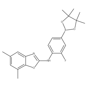 (5,7-Dimethyl-benzoxazol-2-yl)-[2-fluoro-4-(4,4,5,5-tetramethyl-[1,3,2]dioxaborolan-2-yl)-phenyl]-amine Structure