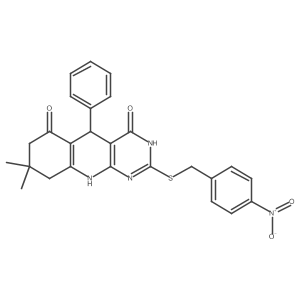 8,8-dimethyl-2-((4-nitrobenzyl)thio)-5-phenyl-7,8,9,10-tetrahydropyrimido[4,5-b]quinoline-4,6(3H,5H)-dione Structure