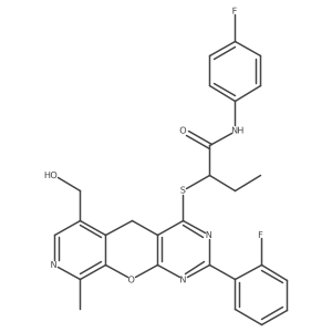 N-(4-Fluorophenyl)-2-{[2-(2-fluorophenyl)-6-(hydroxymethyl)-9-methyl-5H-pyrido[4',3':5,6]pyrano[2,3-D]pyrimidin-4-YL]sulfanyl}butanamide Structure