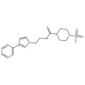 1-(methylsulfonyl)-N-(2-(3-(pyrazin-2-yl)-1H-pyrazol-1-yl)ethyl)piperidine-4-carboxamide结构式