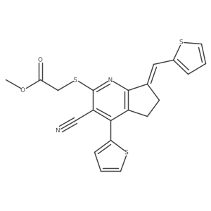 (Z)-methyl 2-((3-cyano-4-(thiophen-2-yl)-7-(thiophen-2-ylmethylene)-6,7-dihydro-5H-cyclopenta[b]pyridin-2-yl)thio)acetate结构式