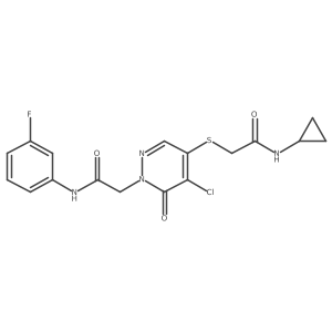 2-((5-chloro-1-(2-((3-fluorophenyl)amino)-2-oxoethyl)-6-oxo-1,6-dihydropyridazin-4-yl)thio)-N-cyclopropylacetamide结构式