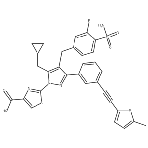 2-[5-(cyclopropylmethyl)-4-[(3-fluoro-4-sulfamoylphenyl)methyl]-3-{3-[(5-methylthiophen-2-yl)ethynyl]phenyl}-1H-pyrazol-1-yl]-1,3-thiazole-4-carboxylic acid Structure