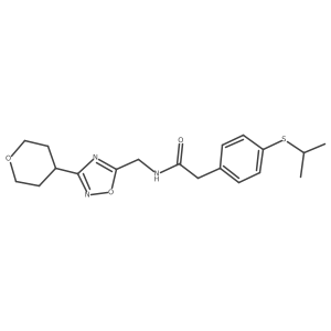 2-(4-(isopropylthio)phenyl)-N-((3-(tetrahydro-2H-pyran-4-yl)-1,2,4-oxadiazol-5-yl)methyl)acetamide结构式