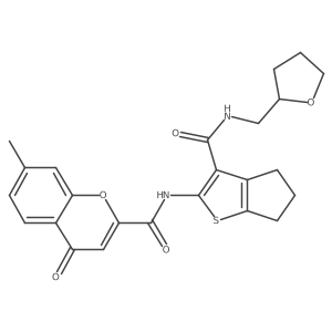 7-methyl-4-oxo-N-{3-[(tetrahydrofuran-2-ylmethyl)carbamoyl]-5,6-dihydro-4H-cyclopenta[b]thiophen-2-yl}-4H-chromene-2-carboxamide结构式