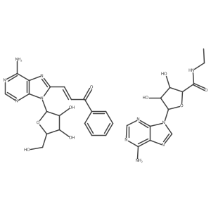 3-[6-amino-9-[3,4-dihydroxy-5-(hydroxymethyl)oxolan-2-yl]purin-8-yl]-1-phenylprop-2-en-1-one;5-(6-aminopurin-9-yl)-N-ethyl-3,4-dihydroxyoxolane-2-carboxamide Structure