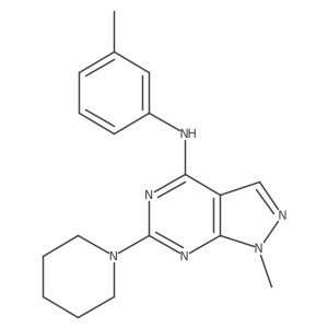 (3-Methylphenyl)(1-methyl-6-piperidylpyrazolo[4,5-e]pyrimidin-4-yl)amine结构式